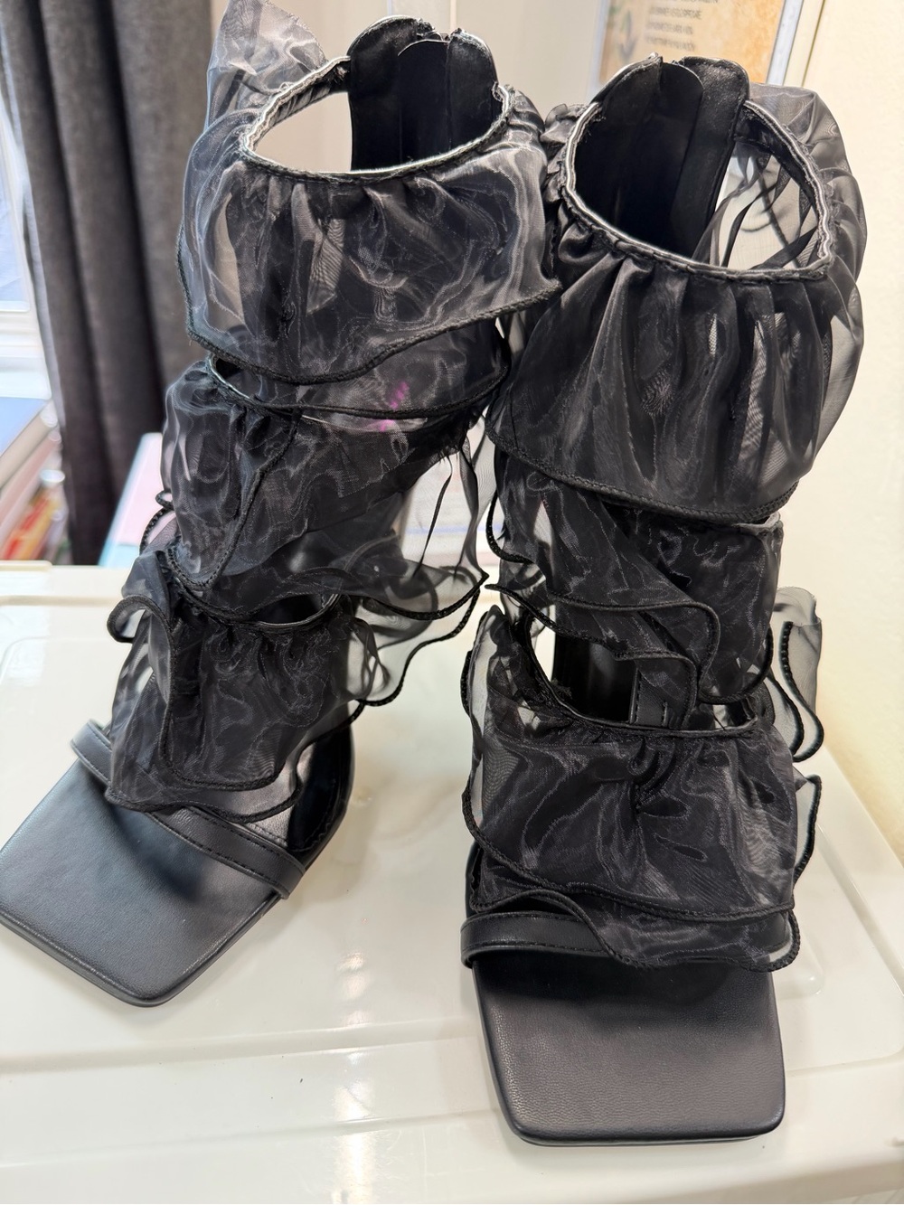 Ruffled Sheer Black Block-Heel Sandals